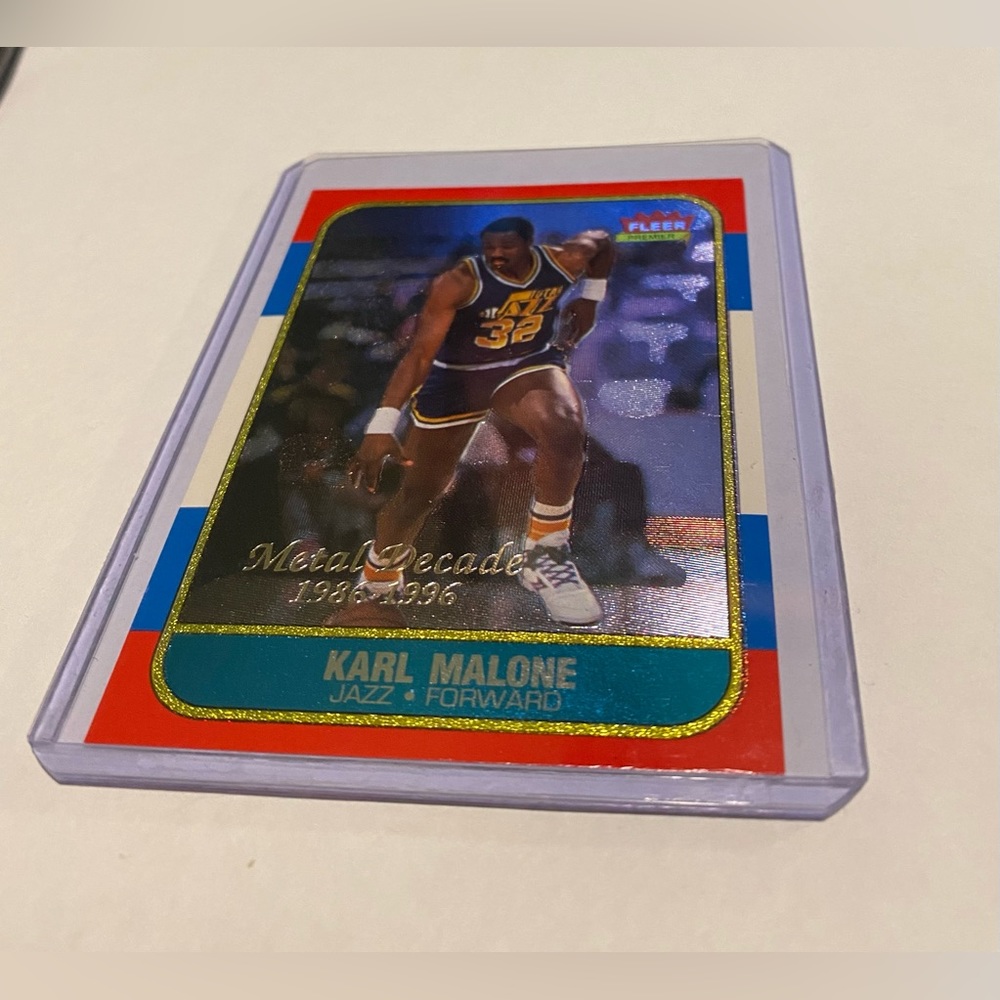 Karl Malone metal decade 1996 Fleer Basketball card Vintage collectible.